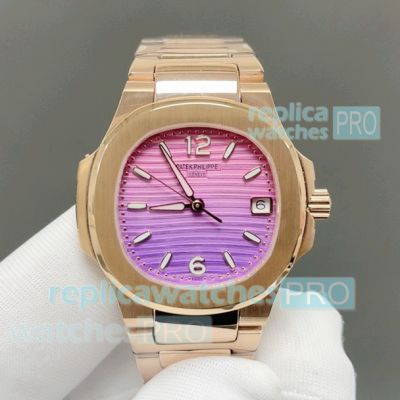 GR Factory Replica Patek Philippe Nautilus 32mm Bergen Sunrise Dial Rose Gold Quartz Watch 